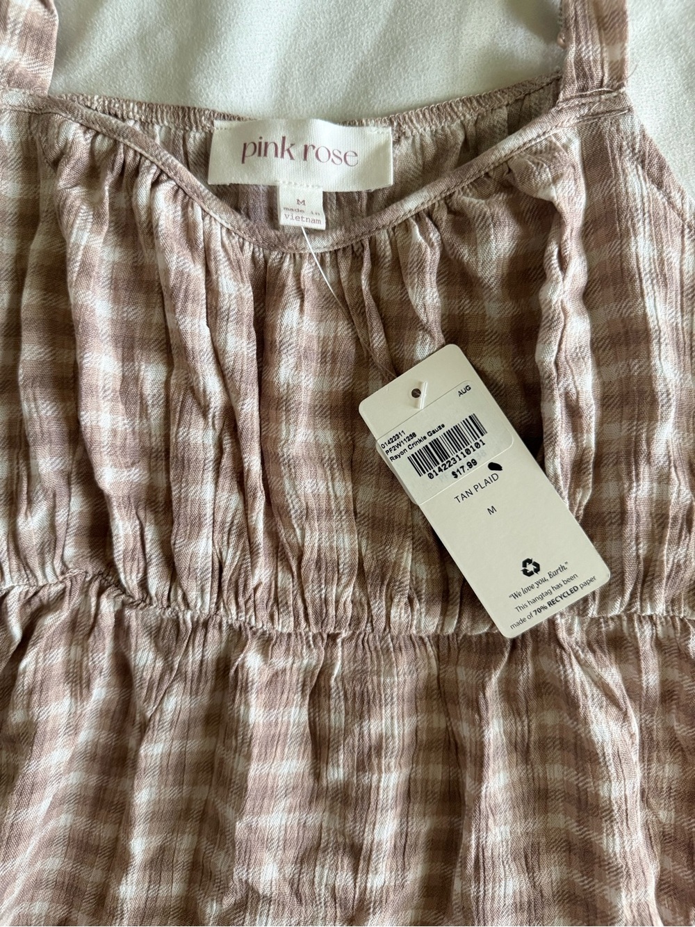 Pink Rose Tan Plaid Crinkle Gauze Cami — NWT, Size M